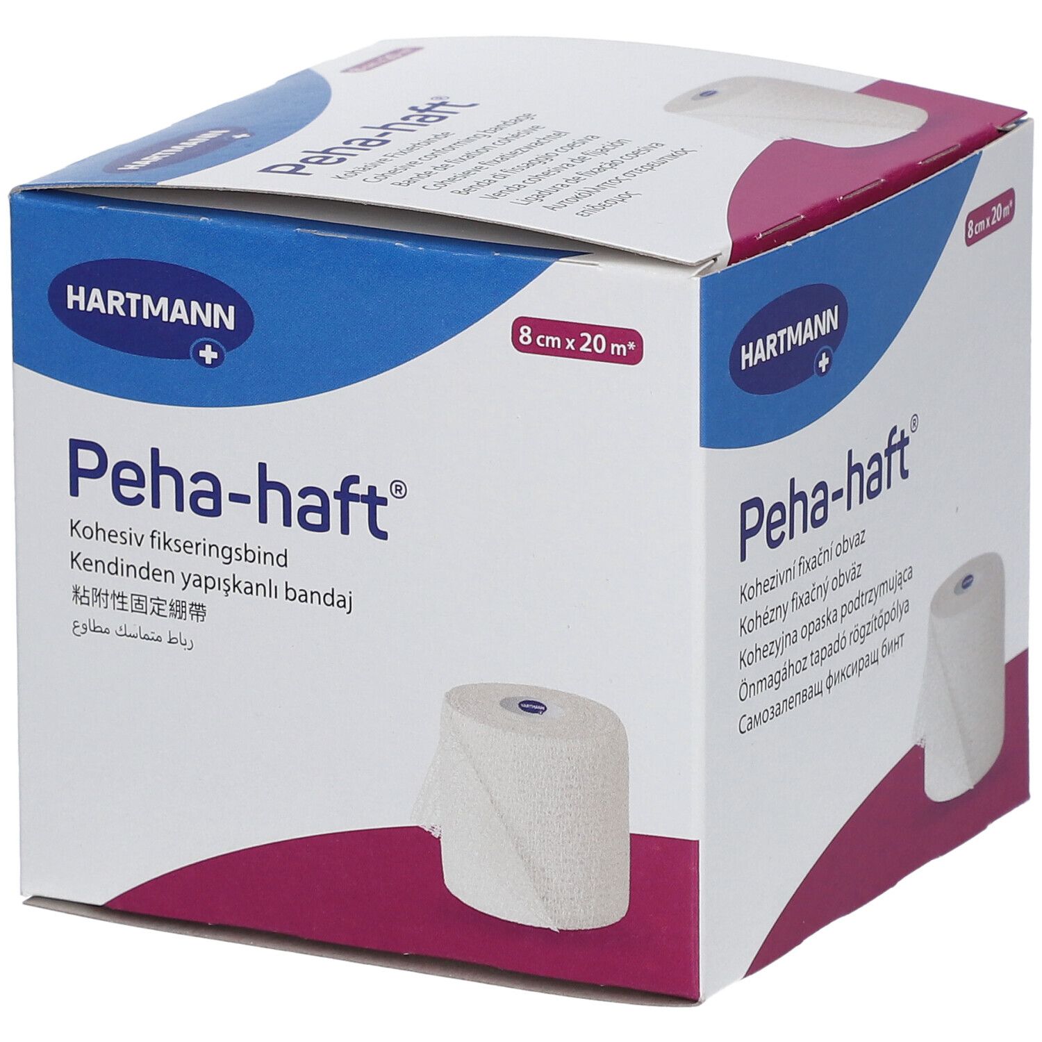 Emballage Peha-haft. Dimensions : 8 cm x 20 m. Marque : HARTMANN. Image : rouleau de bandage.
