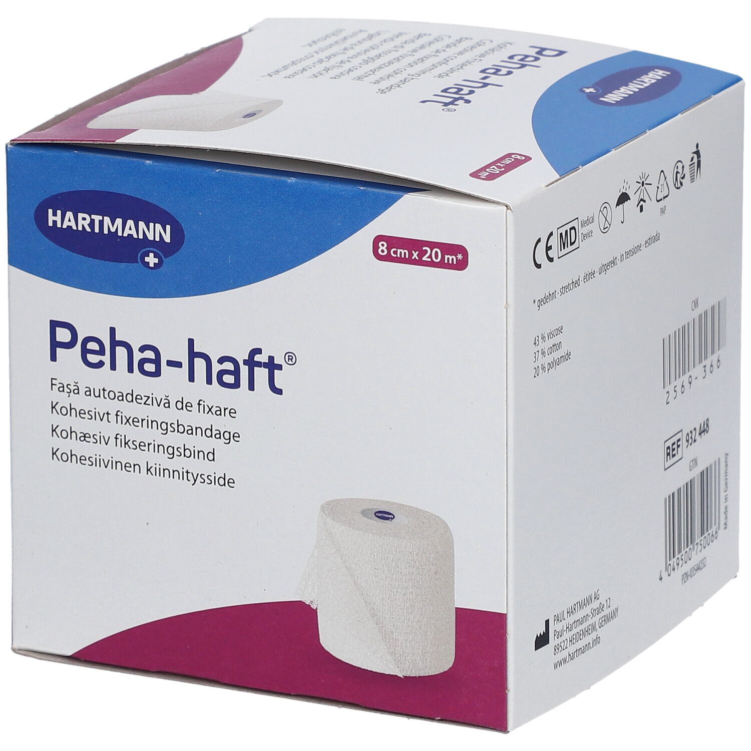 Emballage Peha-haft. Dimensions : 8 cm x 20 m. Marque : HARTMANN. Image : rouleau de bandage.