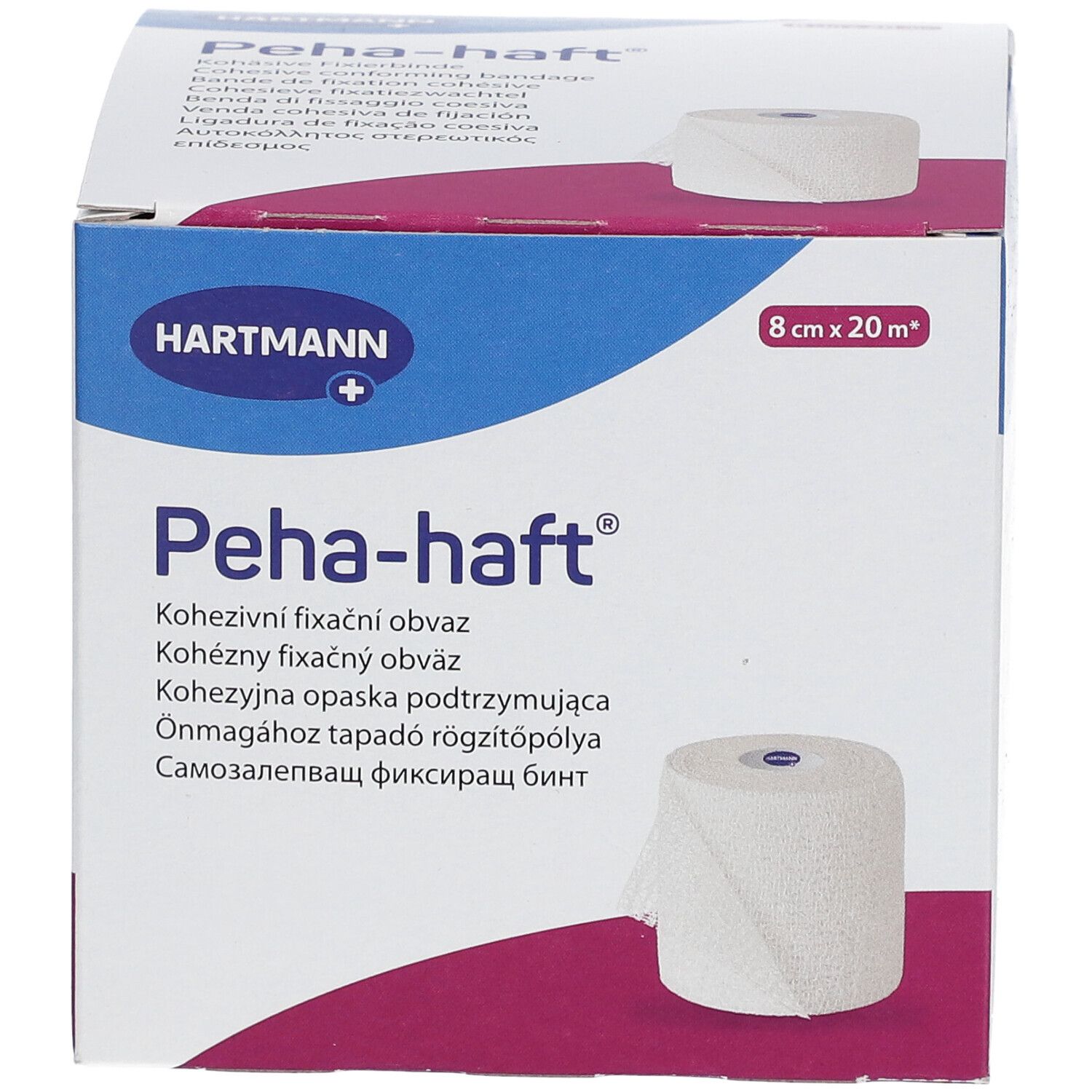 Emballage Peha-haft. Dimensions : 8 cm x 20 m. Marque : HARTMANN. Image : rouleau de bandage.
