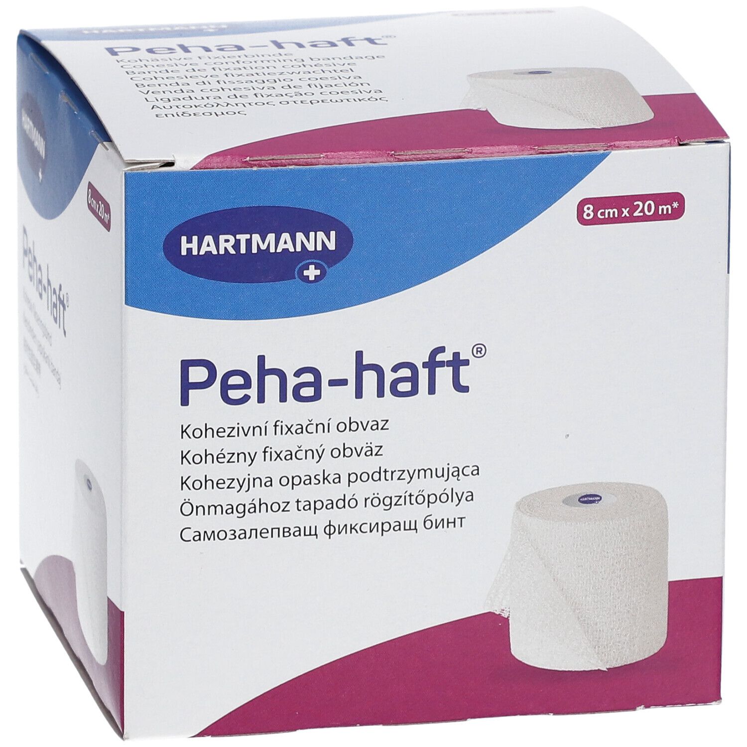 Emballage Peha-haft. Dimensions : 8 cm x 20 m. Marque : HARTMANN. Image : rouleau de bandage.