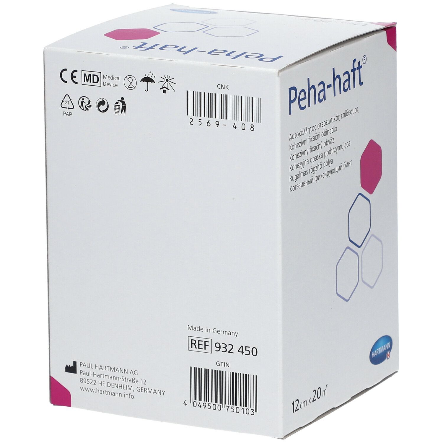 Achterkant van de Peha-haft® verpakking. Opschriften: REF 932 450, Made in Germany, CE-markering, barcode, Hartmann logo.