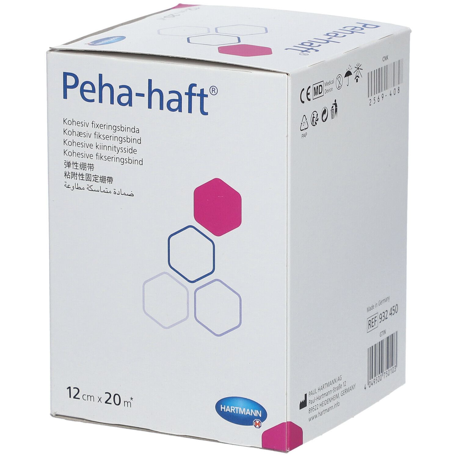 Verpakking van Peha-haft® cohesieve bandage. Opschriften: 12cm x 20m, Hartmann logo, productnaam, zeshoekige patronen.