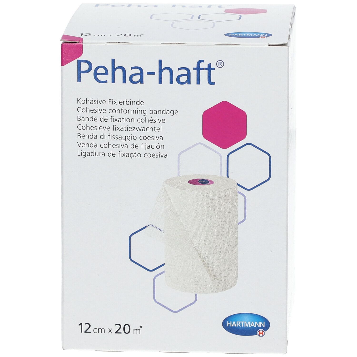 Verpakking van Peha-haft® cohesieve bandage. Opschriften: 12cm x 20m, Hartmann logo, productnaam, zeshoekige patronen.