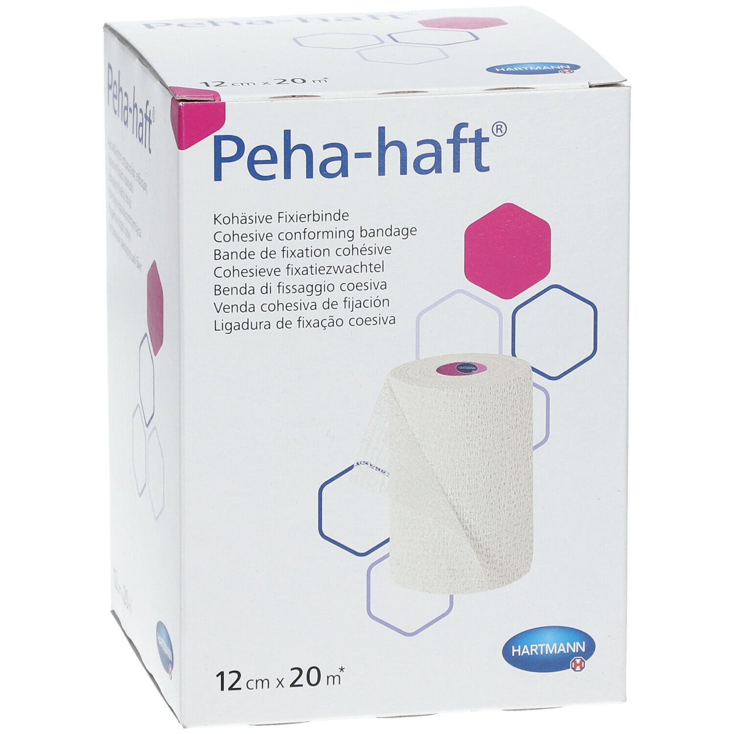 Verpakking van Peha-haft® cohesieve bandage. Opschriften: 12cm x 20m, Hartmann logo, productnaam, zeshoekige patronen.