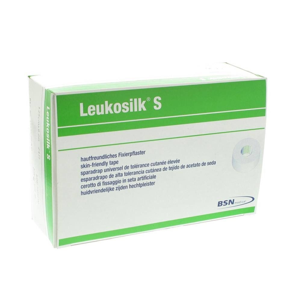 Verpackung von Leukosilk S. Weißer Karton mit grünem Streifen und Produktnamen. Enthält Fixierpflaster.