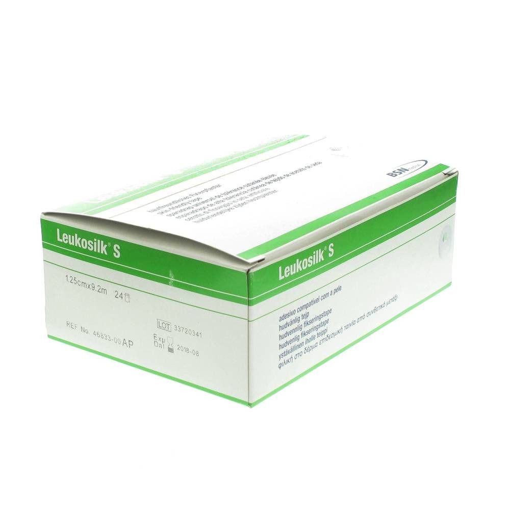 Karton von Leukosilk S. Weiß mit grünem Streifen. Produktname und Größenangabe: 125cmx9.2m. Marke BSN.
