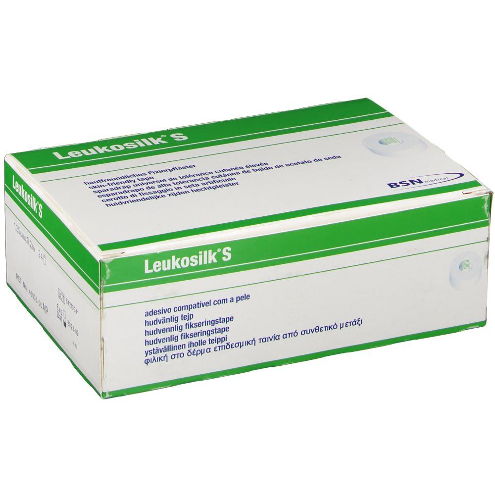Karton von Leukosilk S. Weiß mit grünem Streifen. Produktname und Text in mehreren Sprachen. Marke BSN.