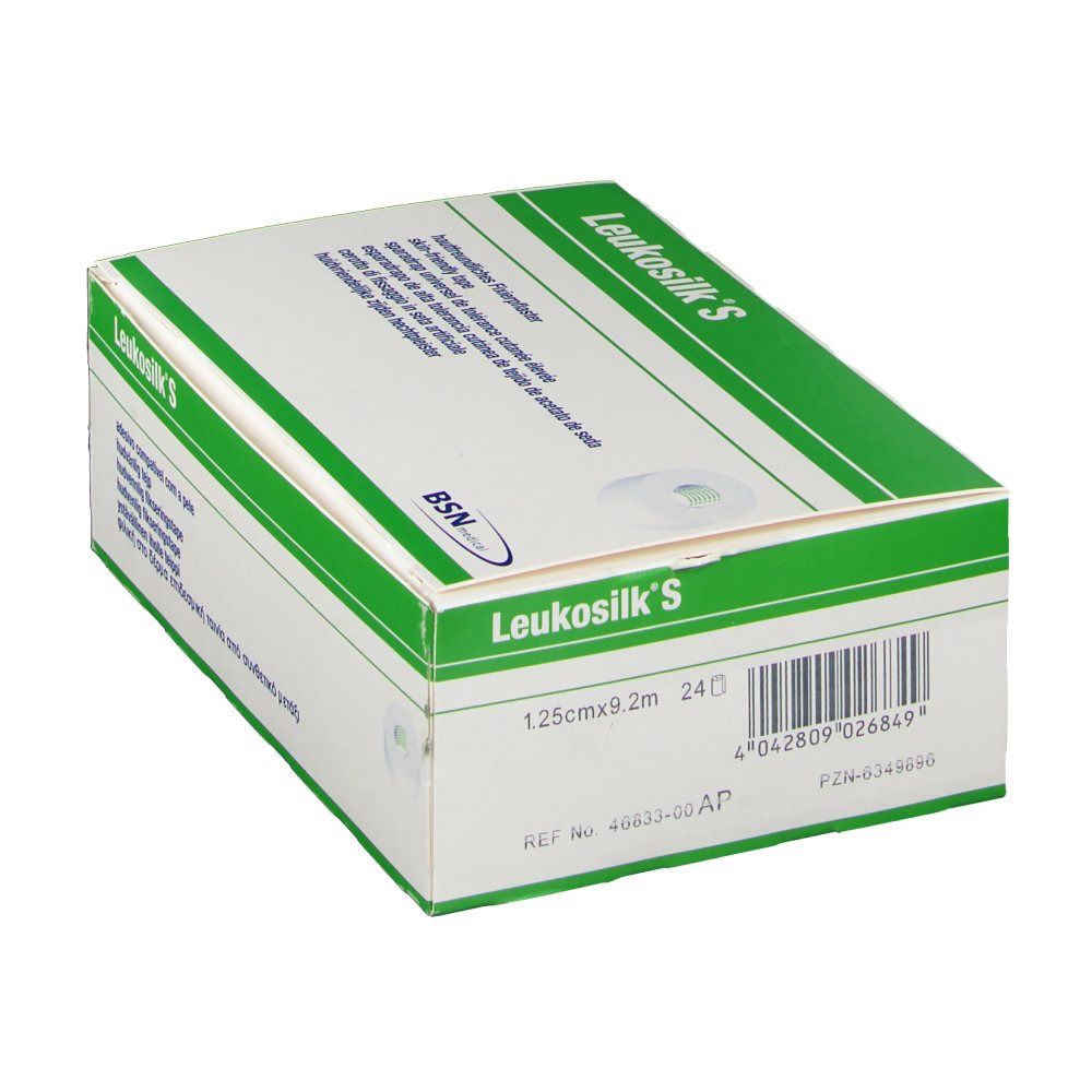 Karton von Leukosilk S. Weiß mit grünem Streifen. Produktname und Größenangabe: 1.25cmx9.2m. Marke BSN.