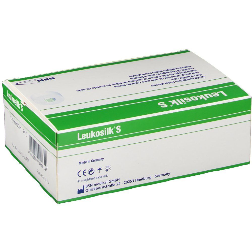 Karton von Leukosilk S. Weiß mit grünem Streifen. Produktname und Herstelleradresse. Marke BSN.