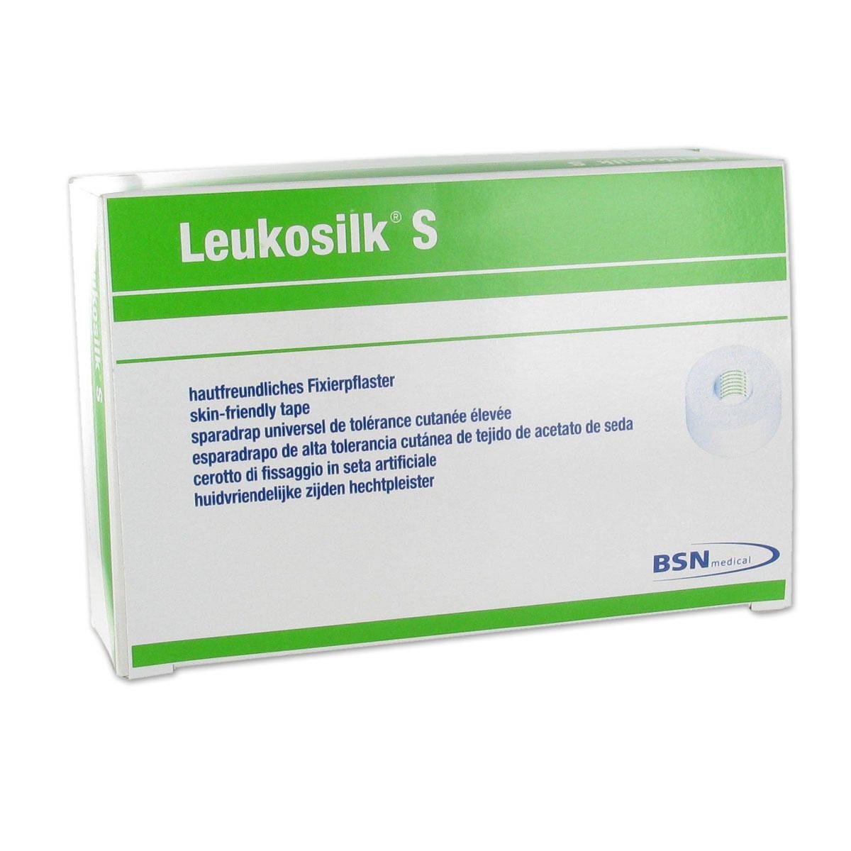 Verpakking van Leukosilk® S. Witgroene doos met productnaam en meertalige beschrijvingen.