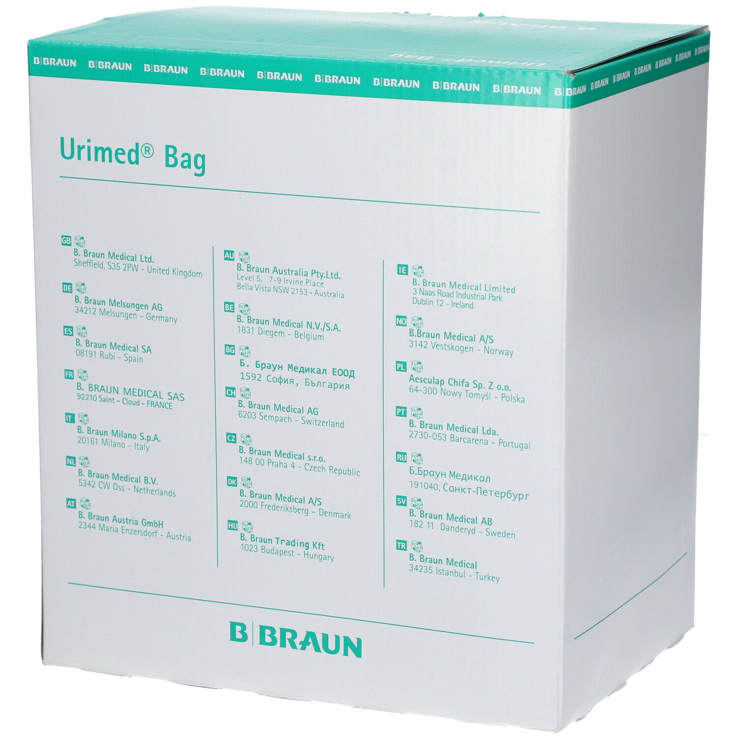 Boîte Urimed® Bag avec logo B. Braun. Carton blanc avec couvercle vert.