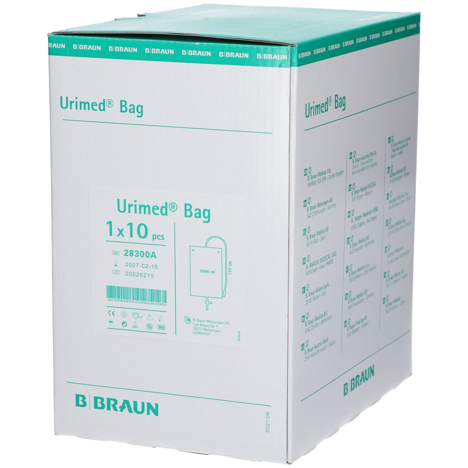 Boîte Urimed® Bag, 1x10 pcs et logo B. Braun. Carton blanc avec couvercle vert.