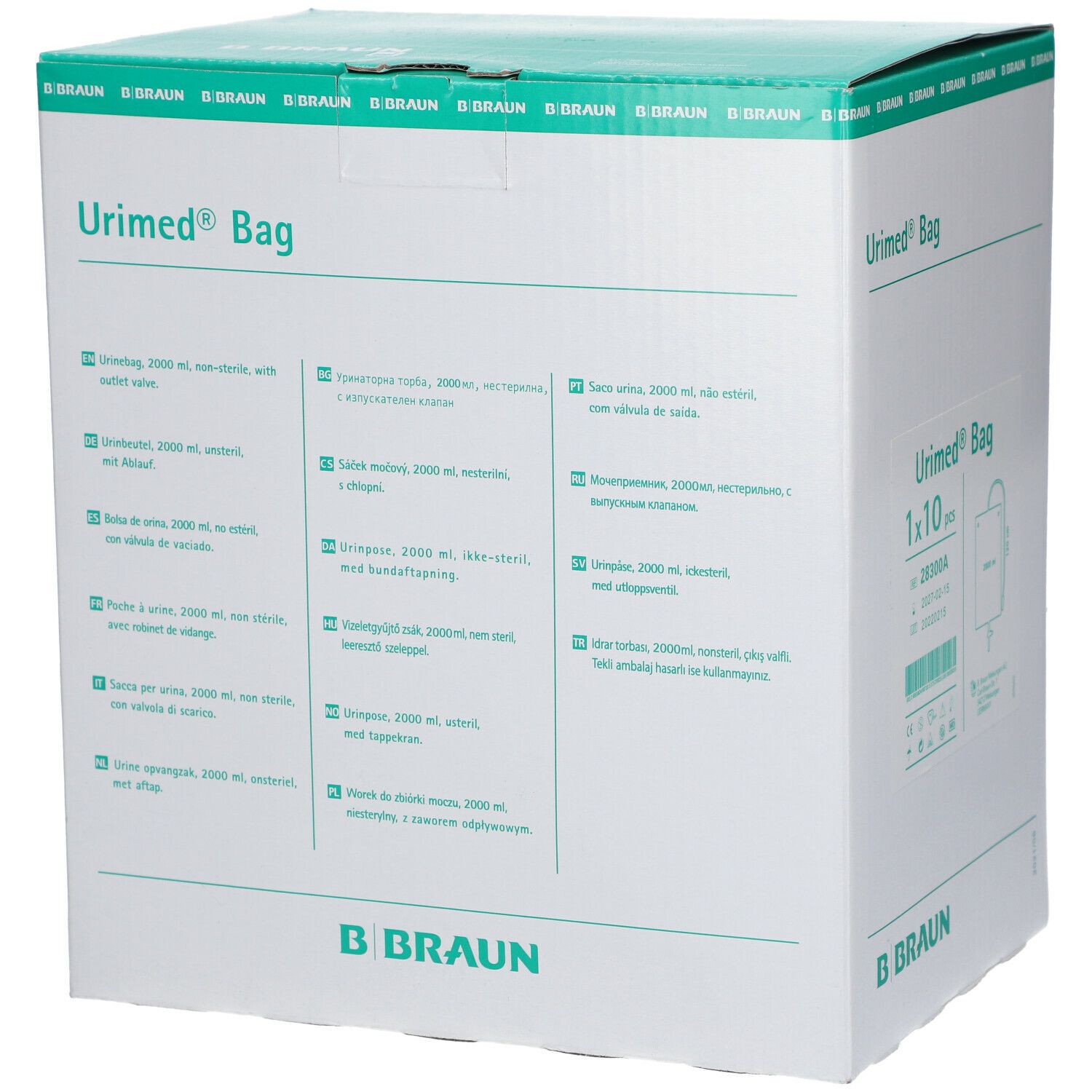 Boîte Urimed® Bag et logo B. Braun. Carton blanc avec couvercle vert. Texte multilingue.