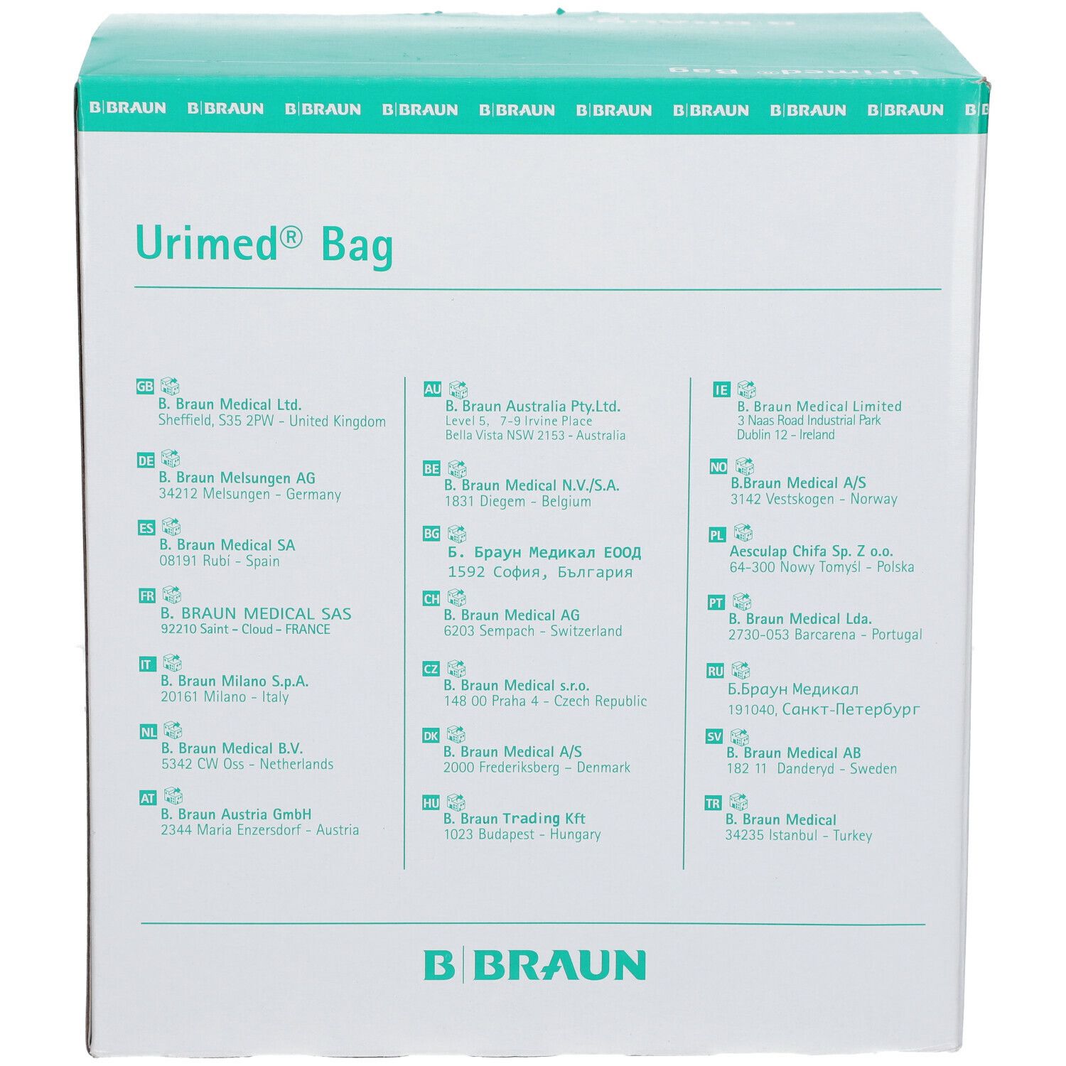 Boîte Urimed® Bag et logo B. Braun. Carton blanc avec couvercle vert. Adresses.