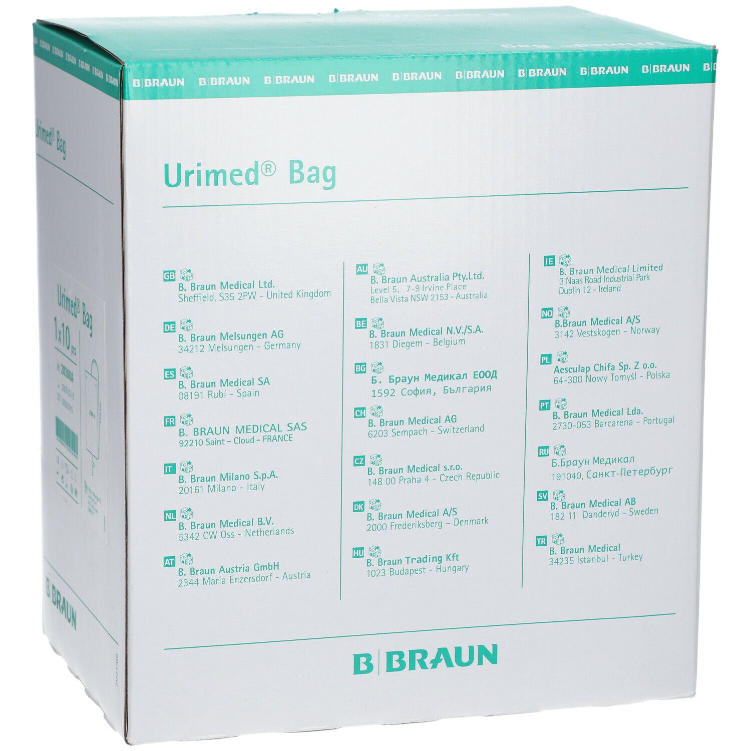 Boîte Urimed® Bag, 1x10 pcs et logo B. Braun. Carton blanc avec couvercle vert. Adresses.
