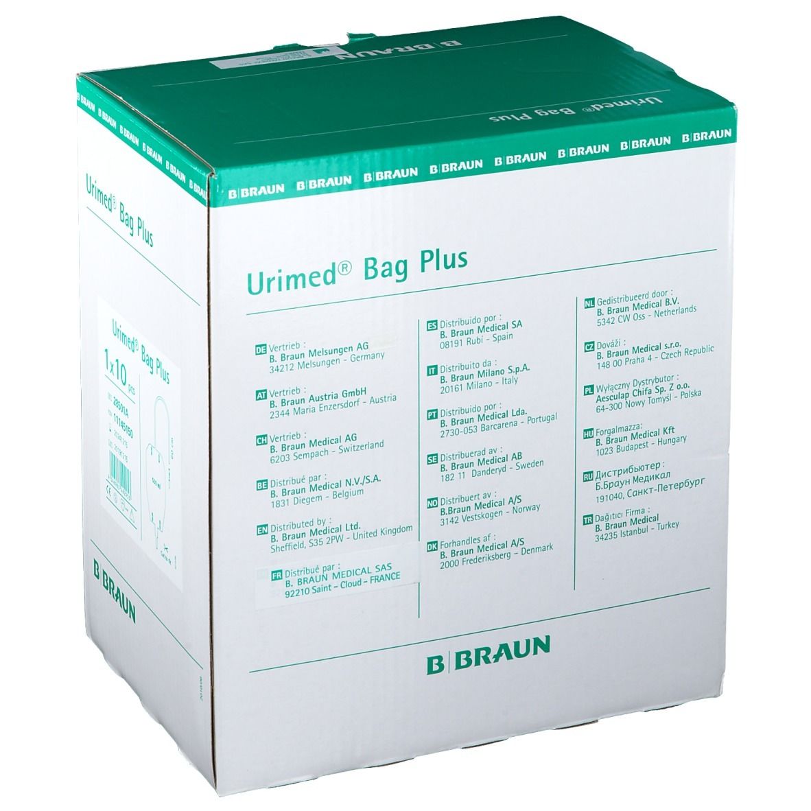 Boîte Urimed® Bag Plus. Inscription : B. Braun. Adresses des distributeurs.
