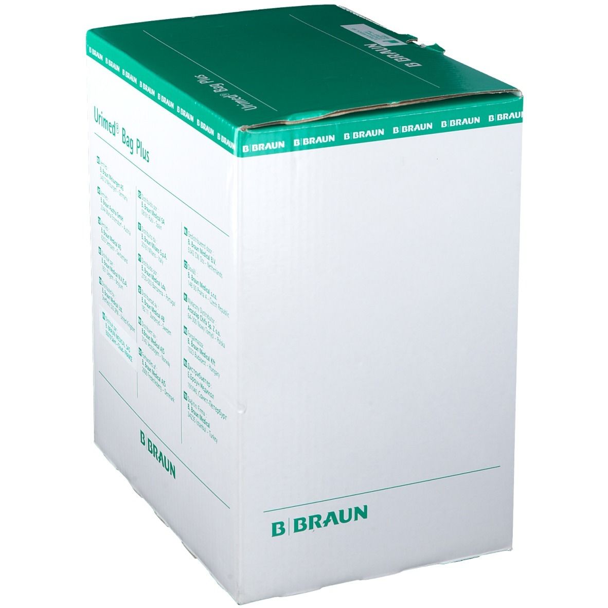 Boîte Urimed® Bag Plus. Inscription : B. Braun. Informations produit multilingues.