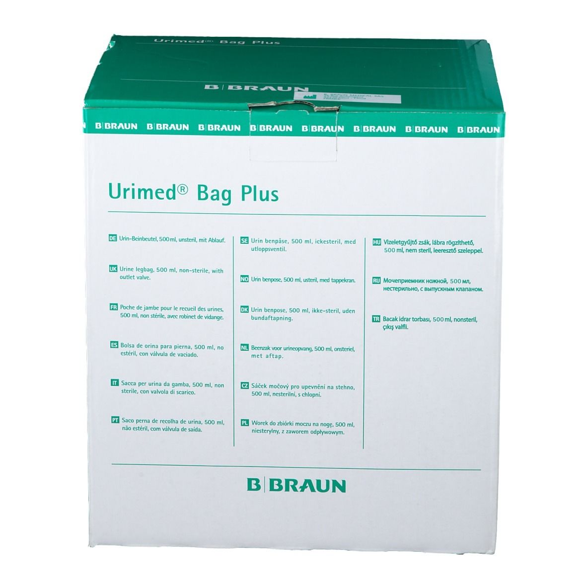 Boîte Urimed® Bag Plus. Inscription : B. Braun. Informations produit multilingues.
