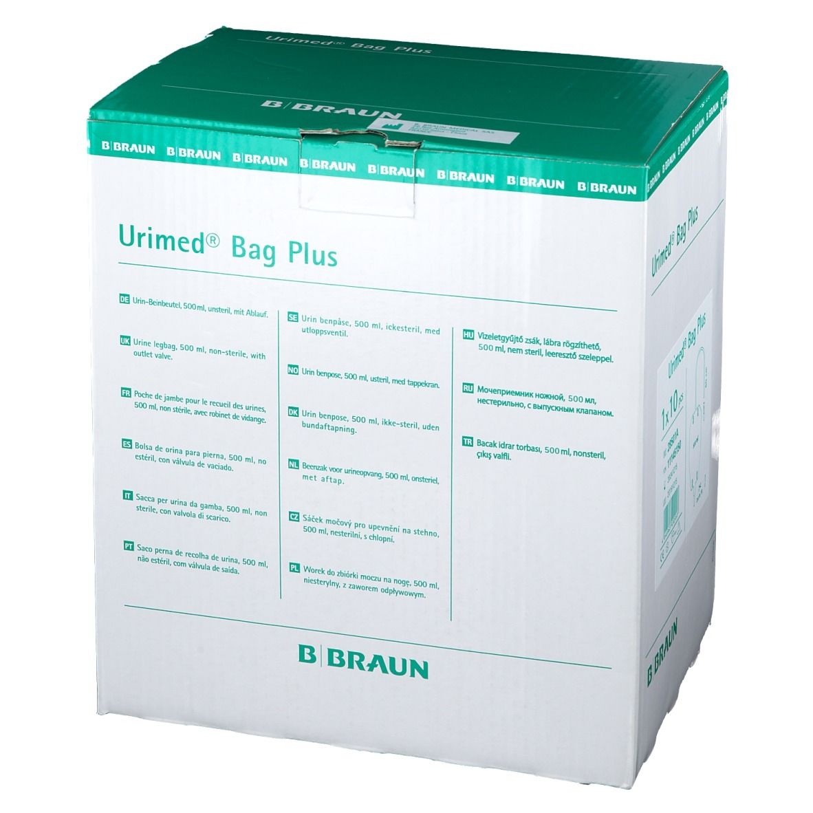 Boîte Urimed® Bag Plus. Inscription : B. Braun. Informations produit multilingues.