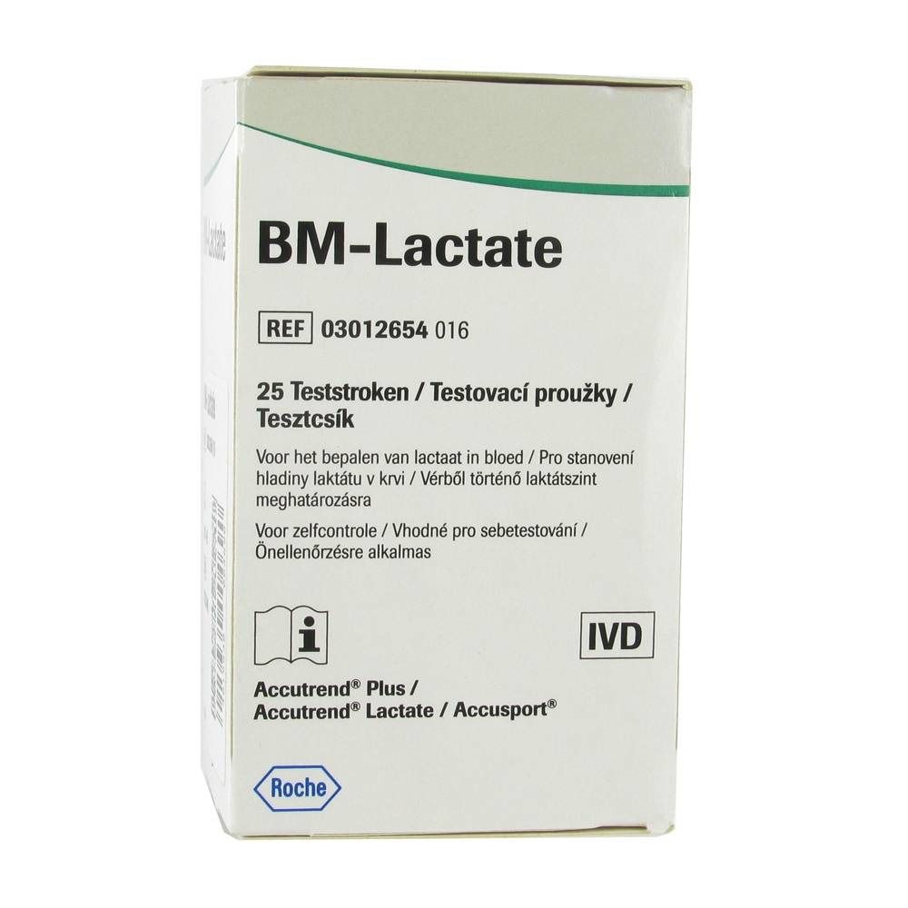 Boîte de bandelettes BM-Lactate. Inscription : 25 bandelettes. Marque Roche. Marquage IVD.