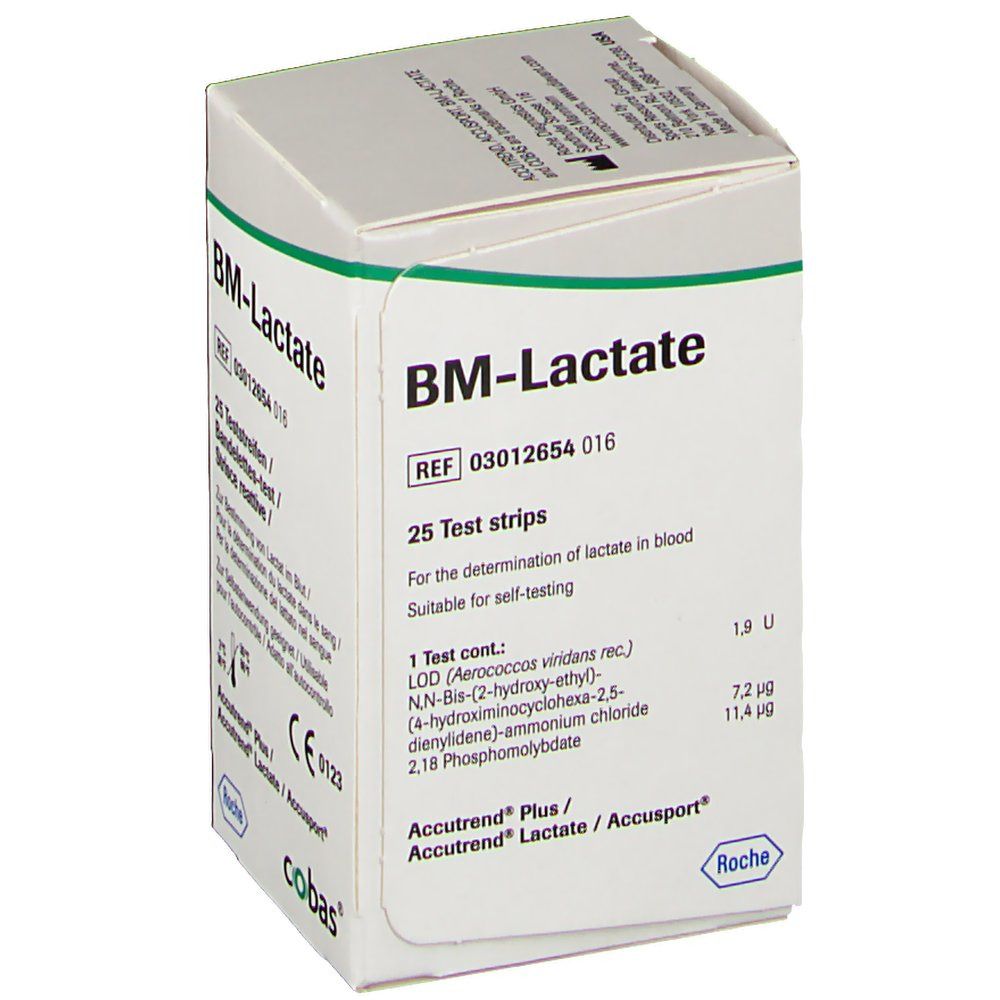 Boîte de bandelettes BM-Lactate. Inscription : 25 bandelettes. Marque Roche. Marquage CE.