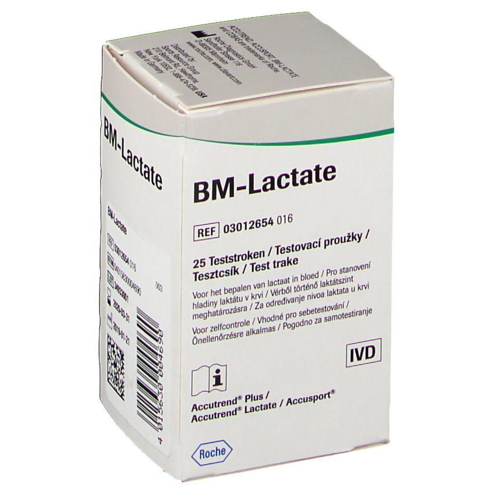 Boîte de bandelettes BM-Lactate. Inscription : 25 bandelettes. Marque Roche. Marquage IVD.