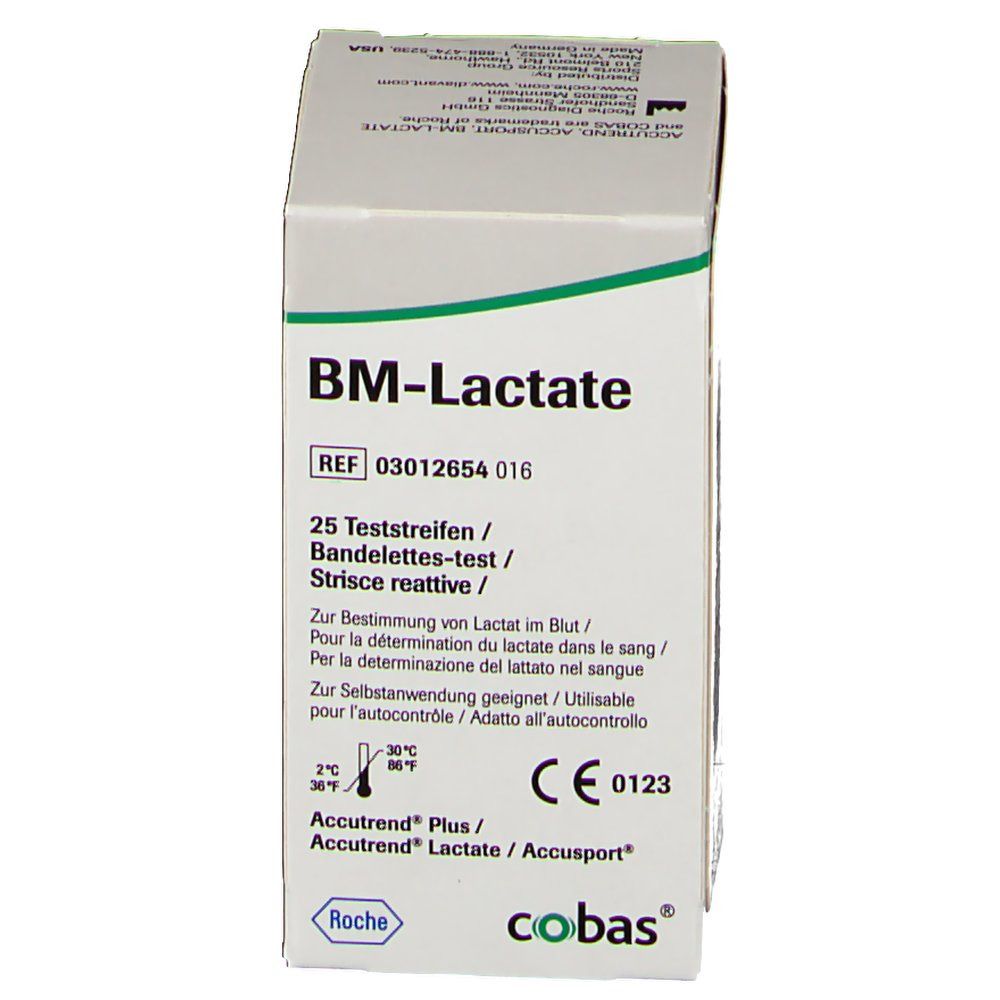 Boîte de bandelettes BM-Lactate. Inscription : 25 bandelettes. Marque Roche. Marquage CE.