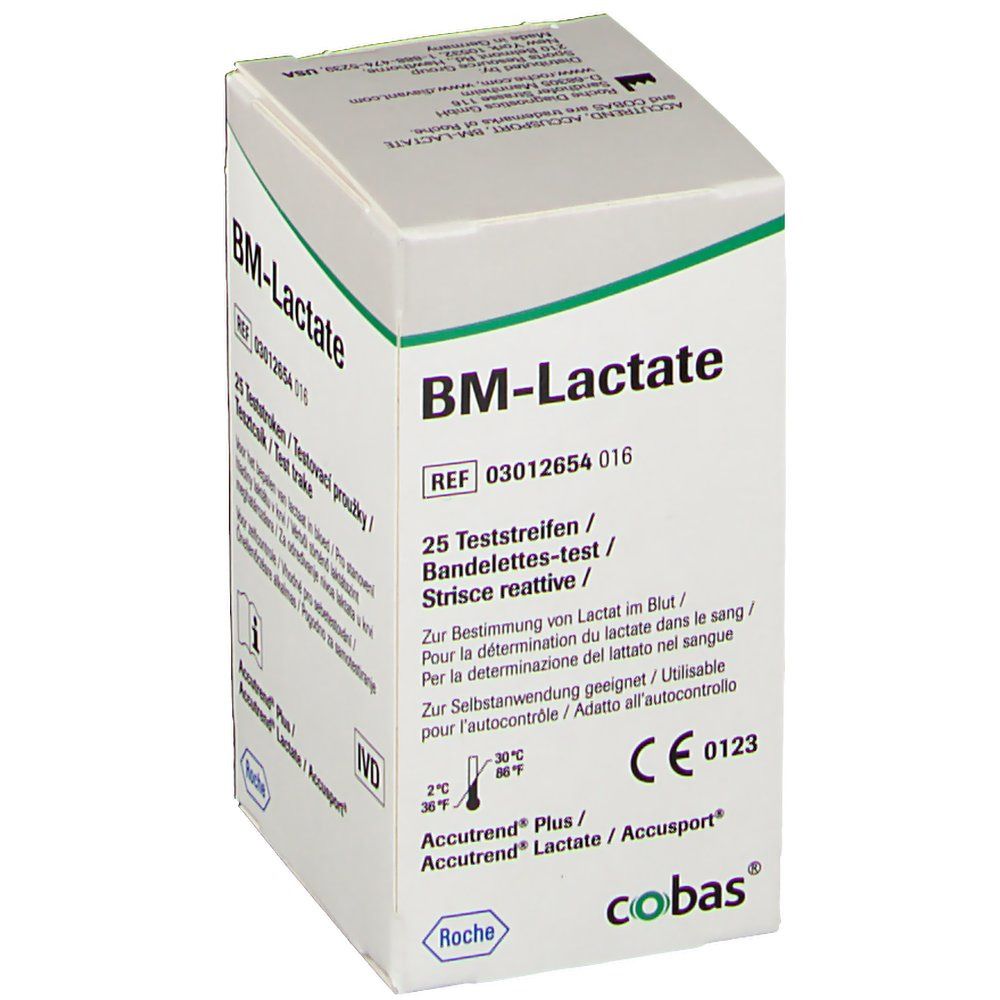 Boîte de bandelettes BM-Lactate. Inscription : 25 bandelettes. Marque Roche. Marquage CE.