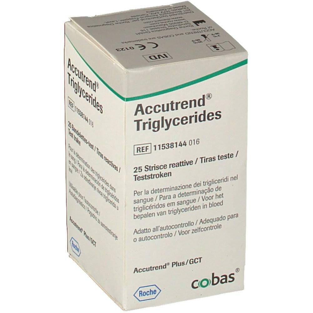 Confezione di strisce Accutrend Triglycerides. 25 strisce reattive. Scritta: Roche, cobas. Per la determinazione dei trigliceridi nel sangue.
