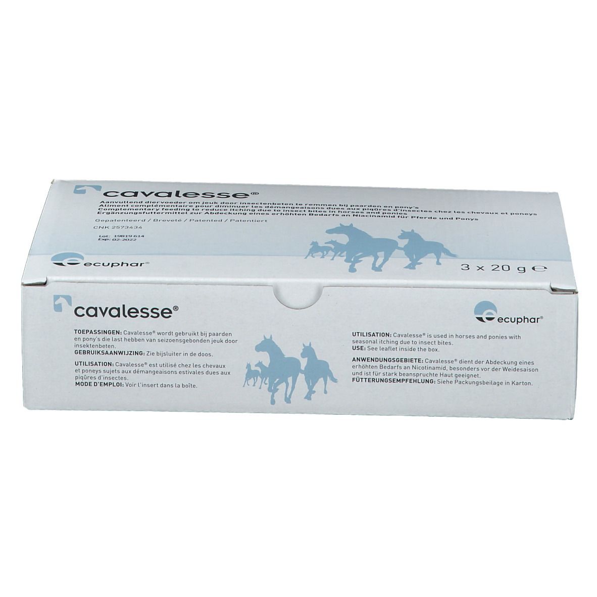 Boîte cavalesse, 3 x 20 g. Inscriptions multilingues. Logo ecphar. Mode d'emploi.