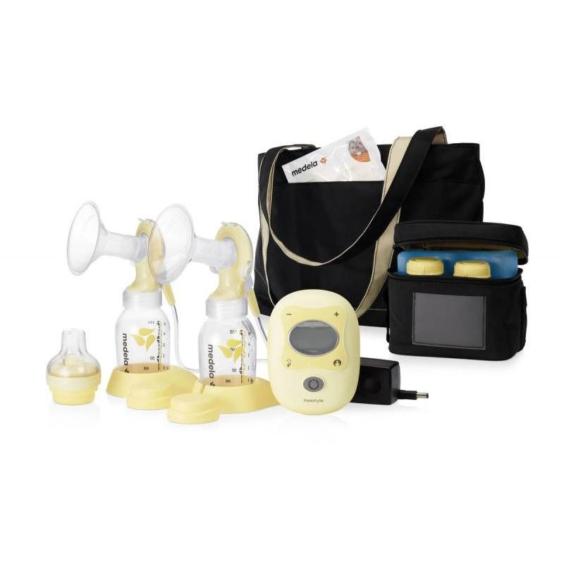 Ensemble complet avec tire-lait double électrique, biberons, sac, glacière et accessoires. Marque: Medela.