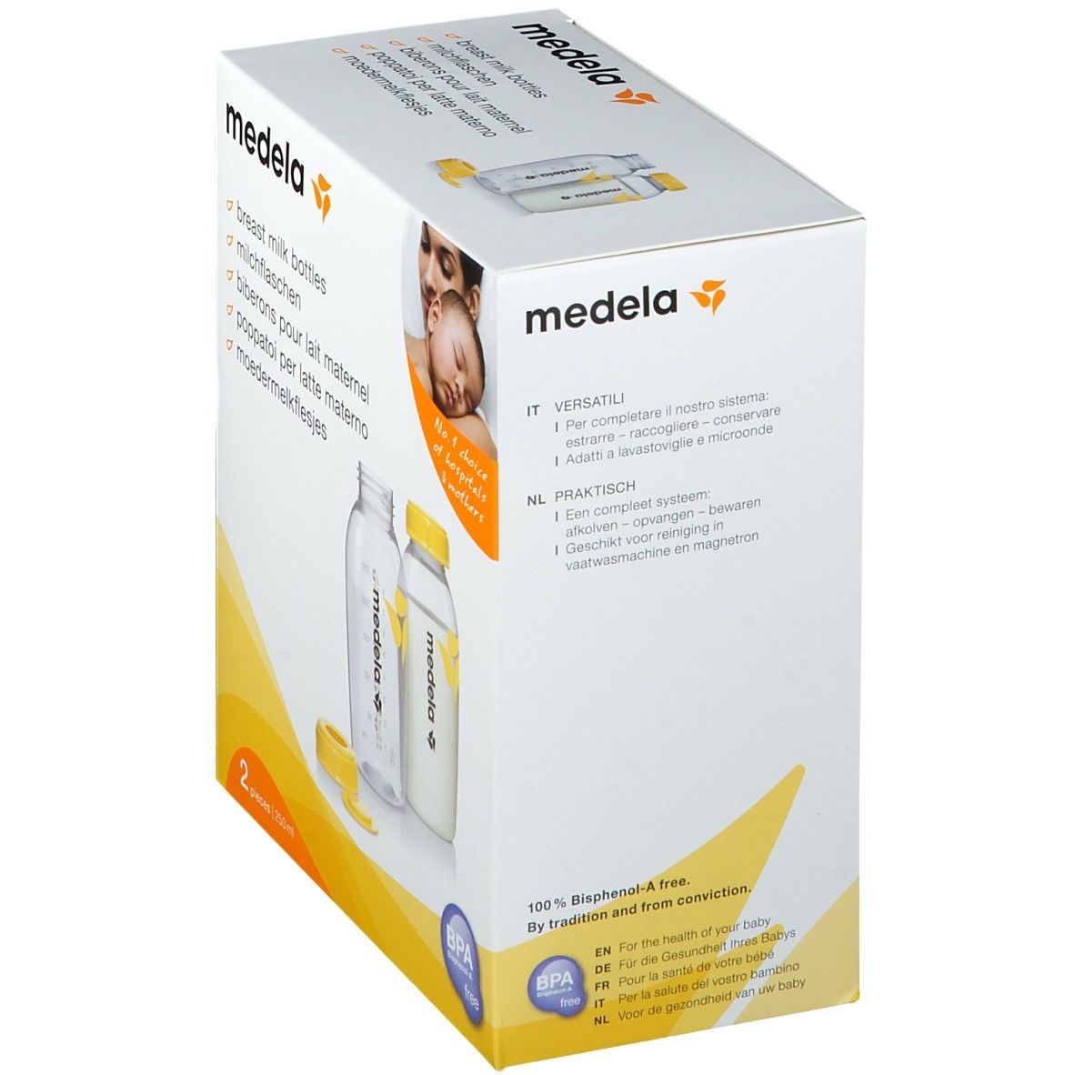Boîte Medela avec deux biberons. Inscription: breast milk bottles, sans BPA. Éléments jaunes et blancs.