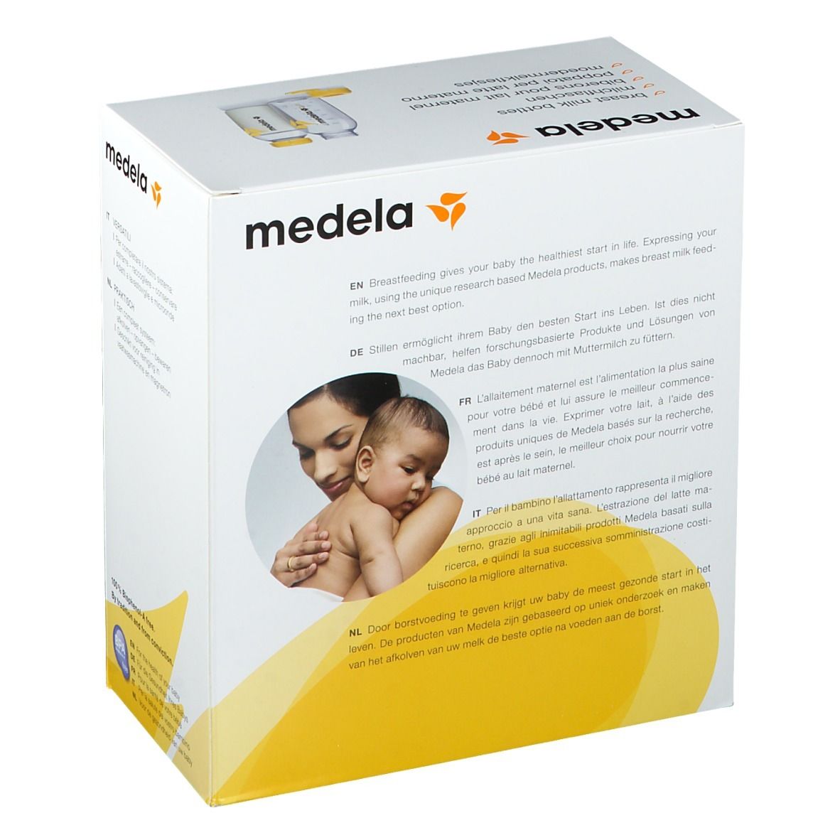 Dos de la boîte. Marque Medela. Texte multilingue. Image mère et bébé. Sans BPA.