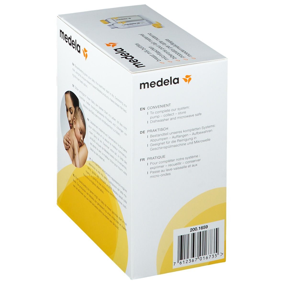Côté de la boîte. Marque Medela. Texte multilingue. Code-barres. Sans BPA.