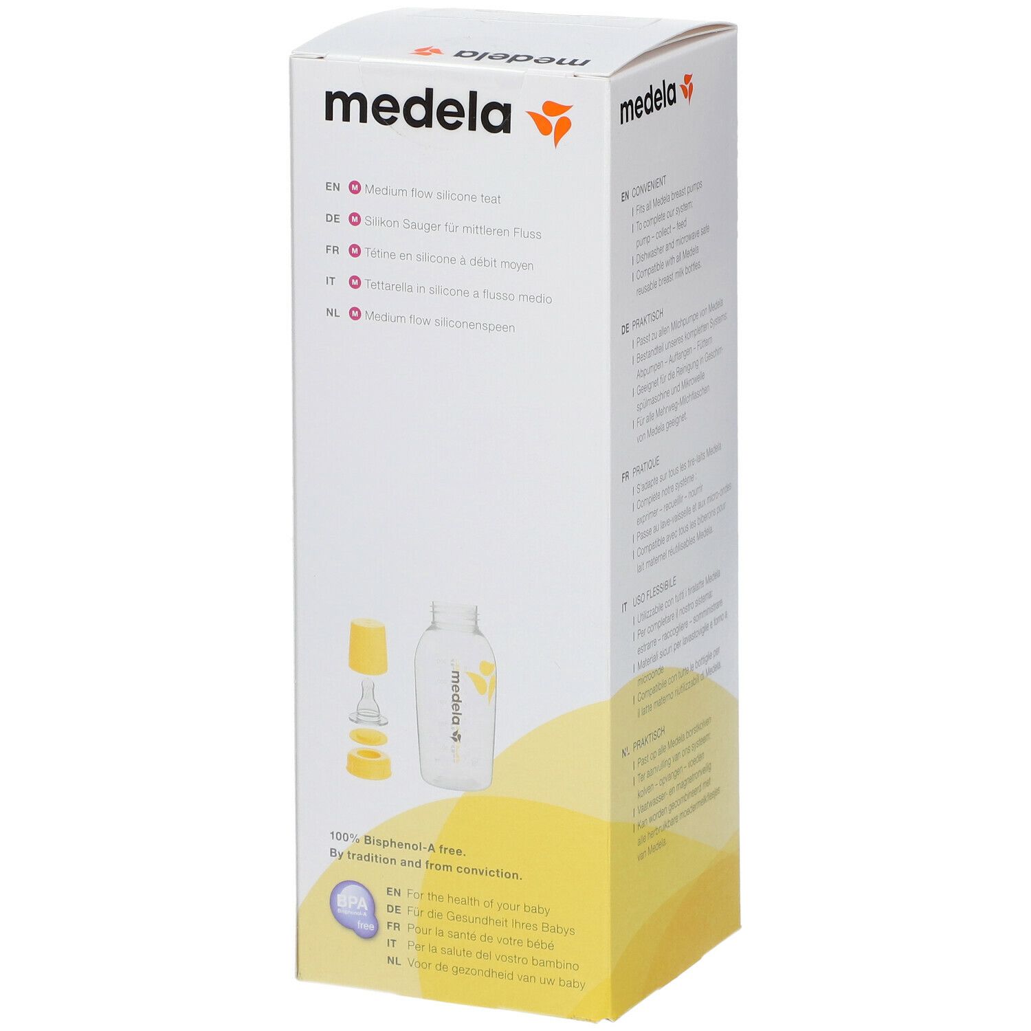 Emballage du biberon Medela. Illustration des composants. Sans BPA. Texte en allemand, anglais, français, italien et néerlandais.