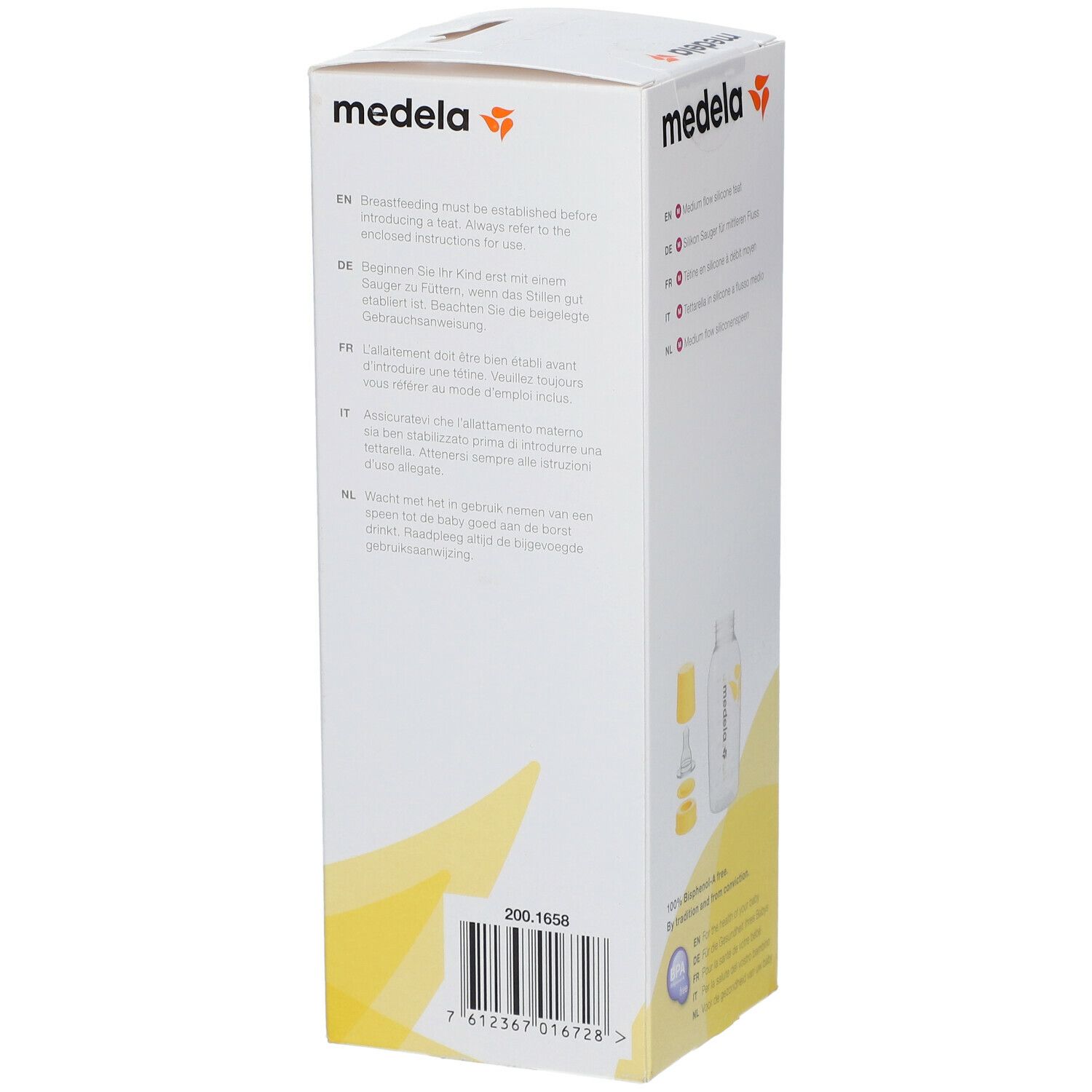 Dos de l'emballage du biberon Medela. Texte en allemand, anglais, français, italien et néerlandais. Code-barres.