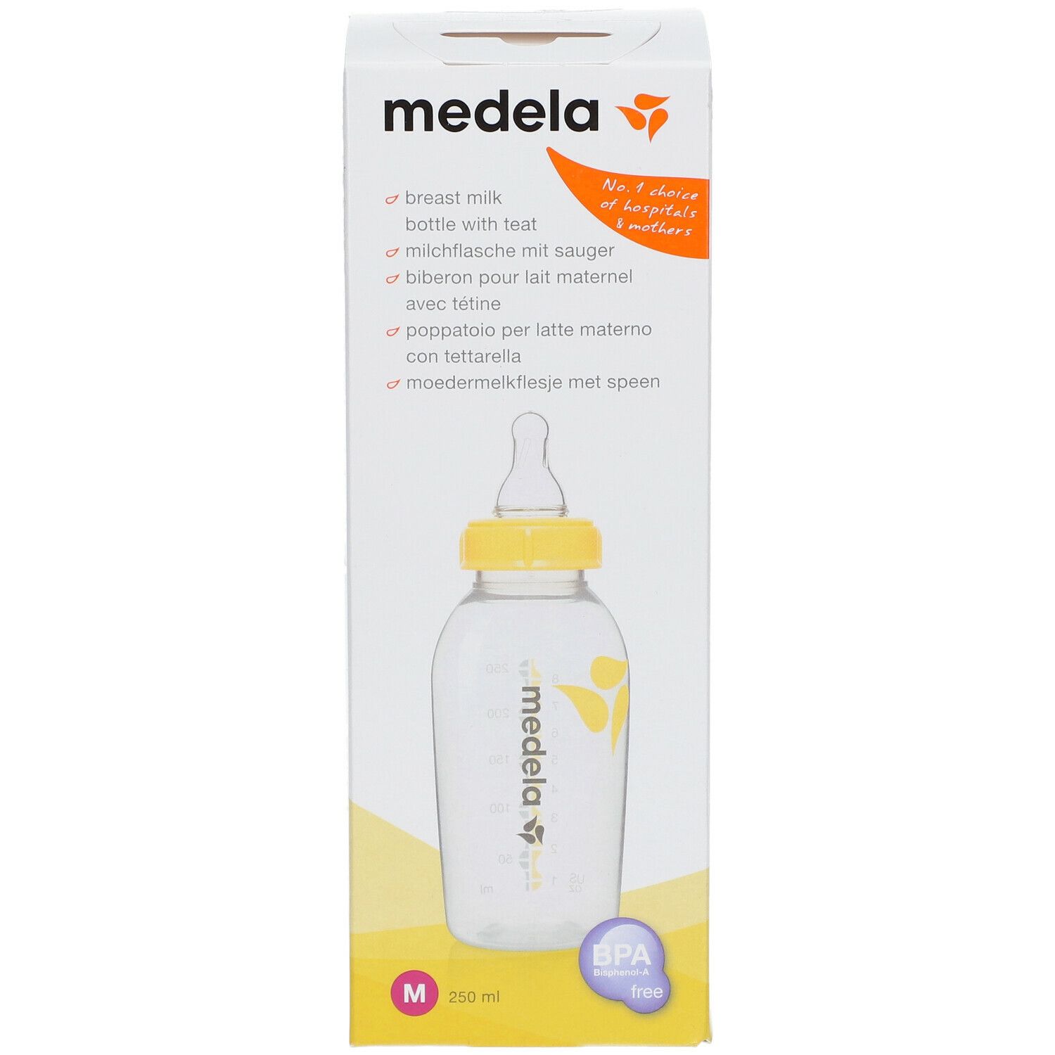 Biberon Medela avec tétine, en boîte. Tétine jaune, flacon transparent, détails jaunes. Sans BPA.