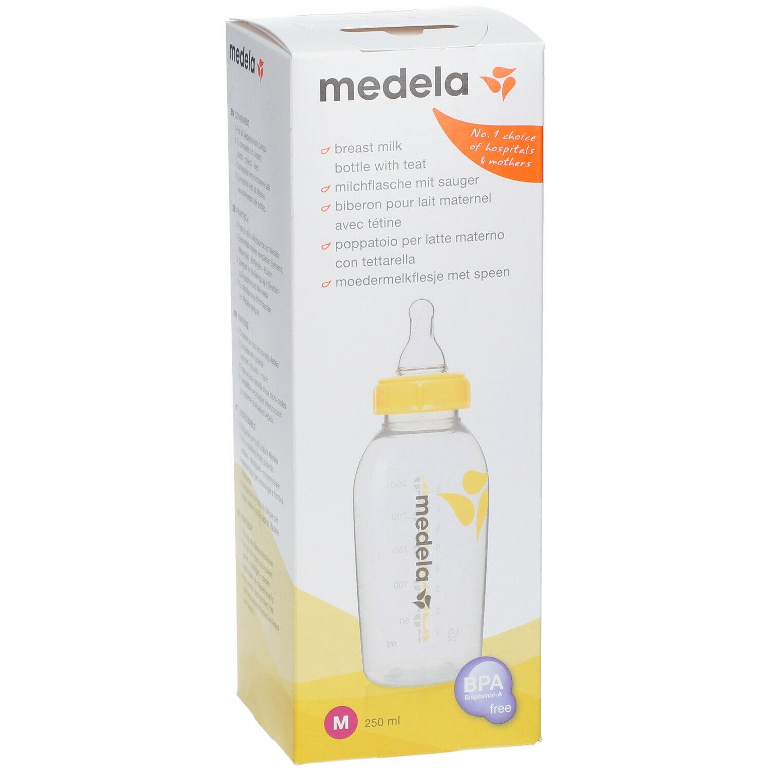 Biberon Medela avec tétine, en boîte. Tétine jaune, flacon transparent, détails jaunes. Sans BPA.