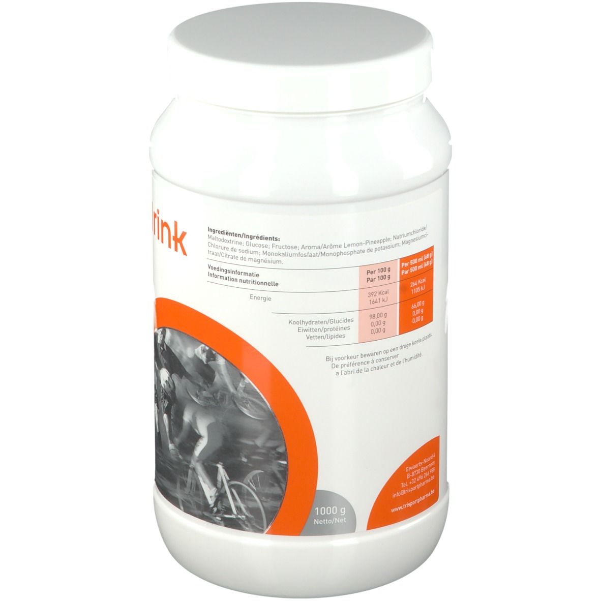 Récipient blanc avec informations nutritionnelles et liste d'ingrédients. Inscription "energy drink". Fond orange avec cyclistes.
