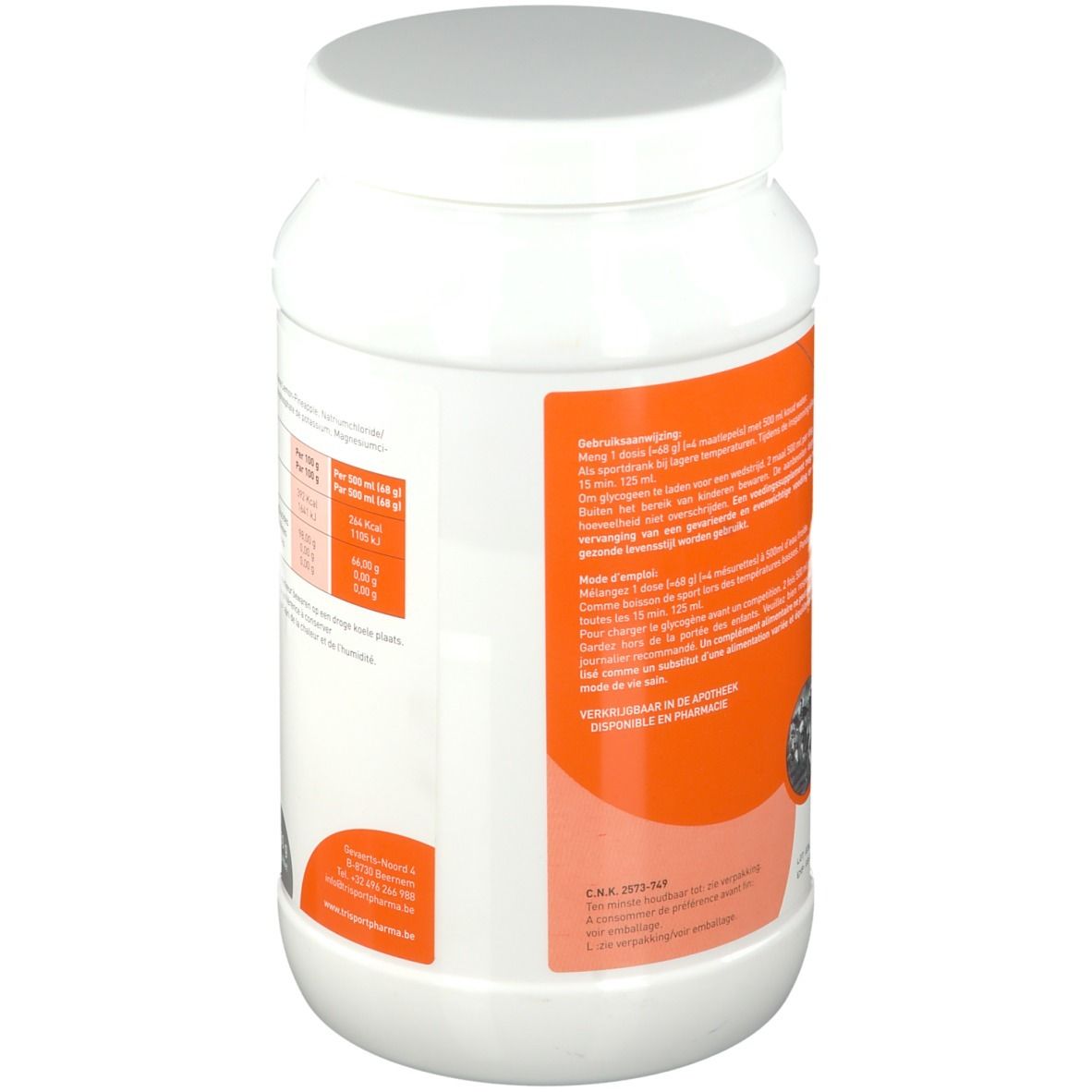 Récipient blanc avec texte. Contient informations nutritionnelles et mode d'emploi. Fond orange.