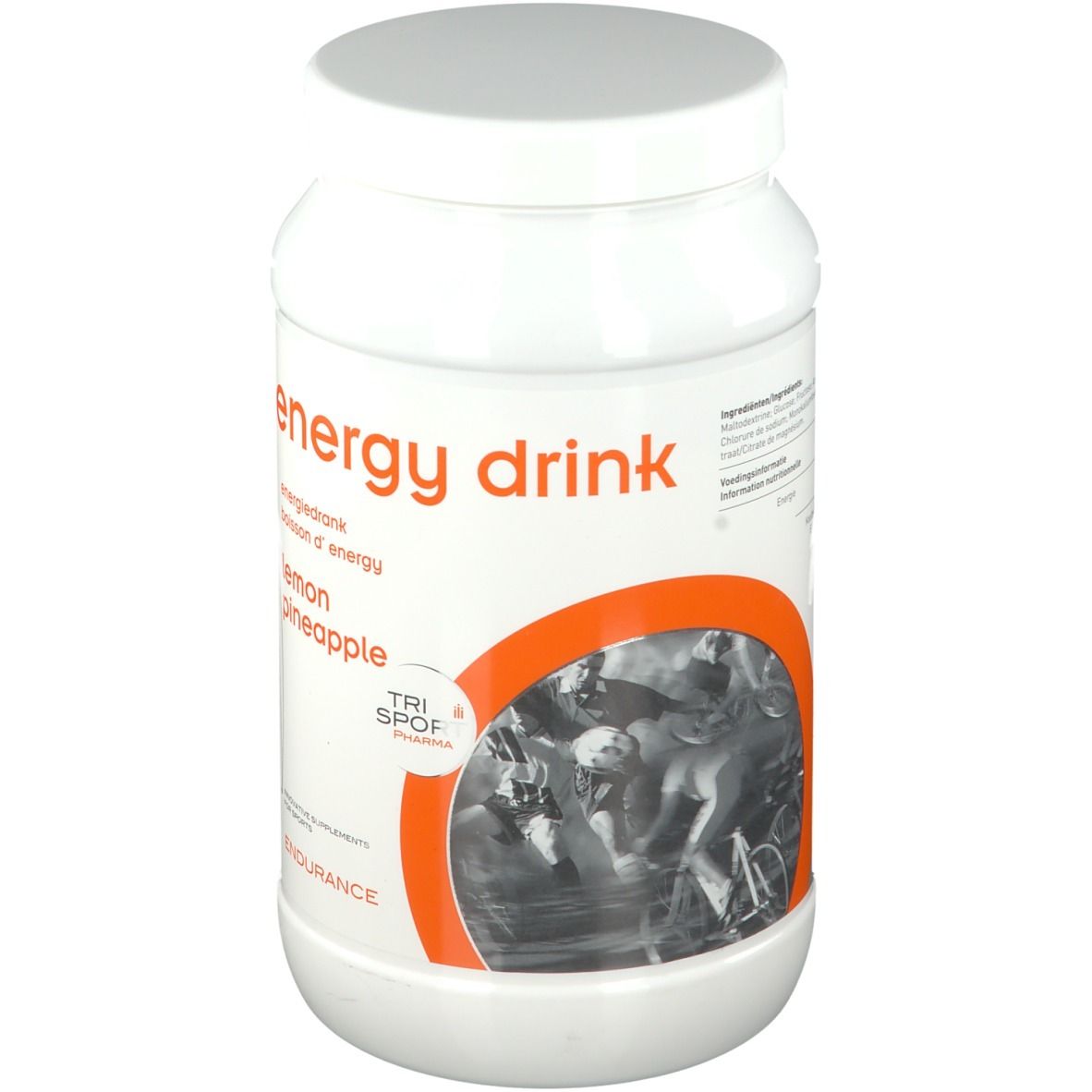 Récipient blanc avec couvercle. Inscription "energy drink", "lemon pineapple" et logo Trisport Pharma. Fond orange.