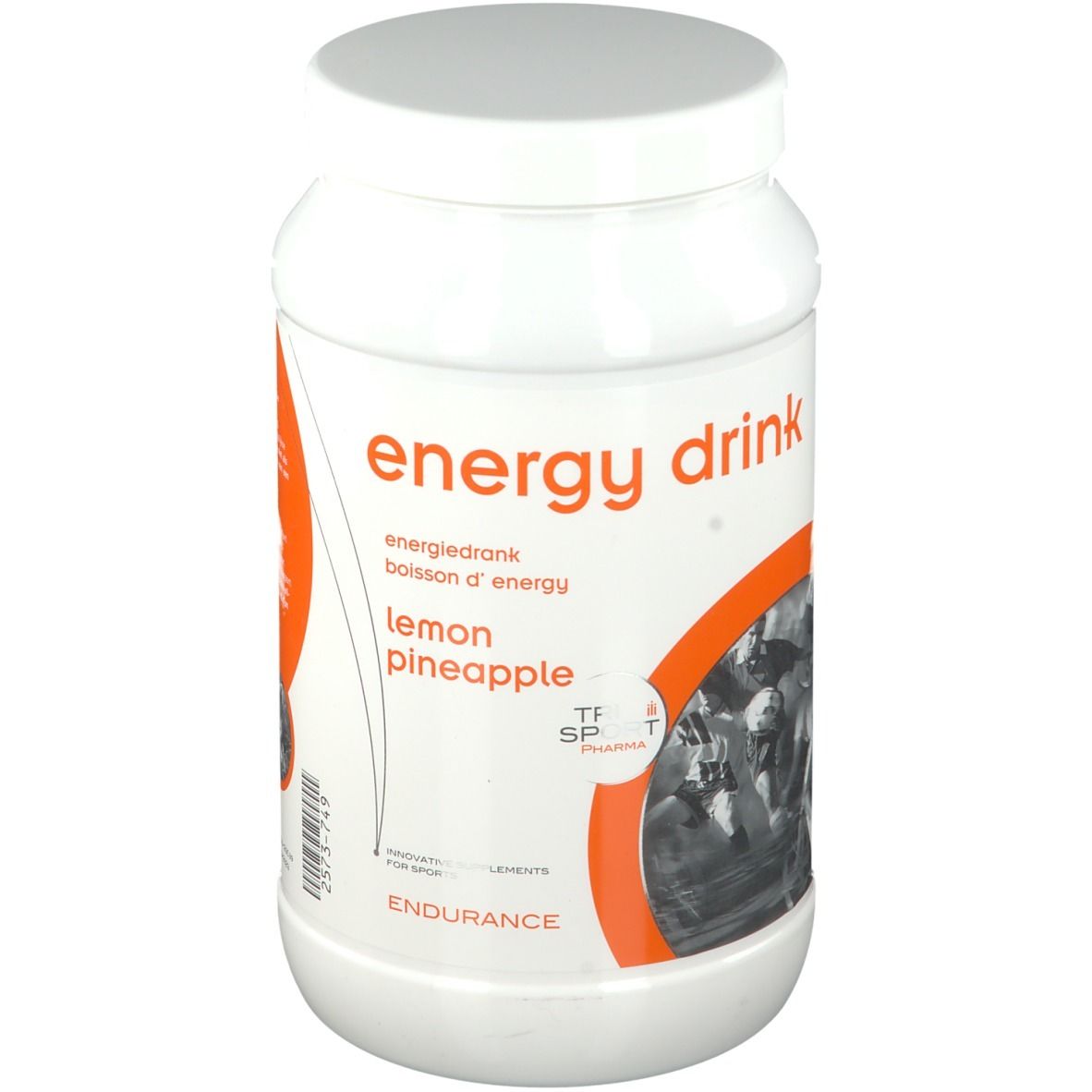 Récipient blanc avec couvercle. Inscription "energy drink", "lemon pineapple" et "ENDURANCE". Logo Trisport Pharma.