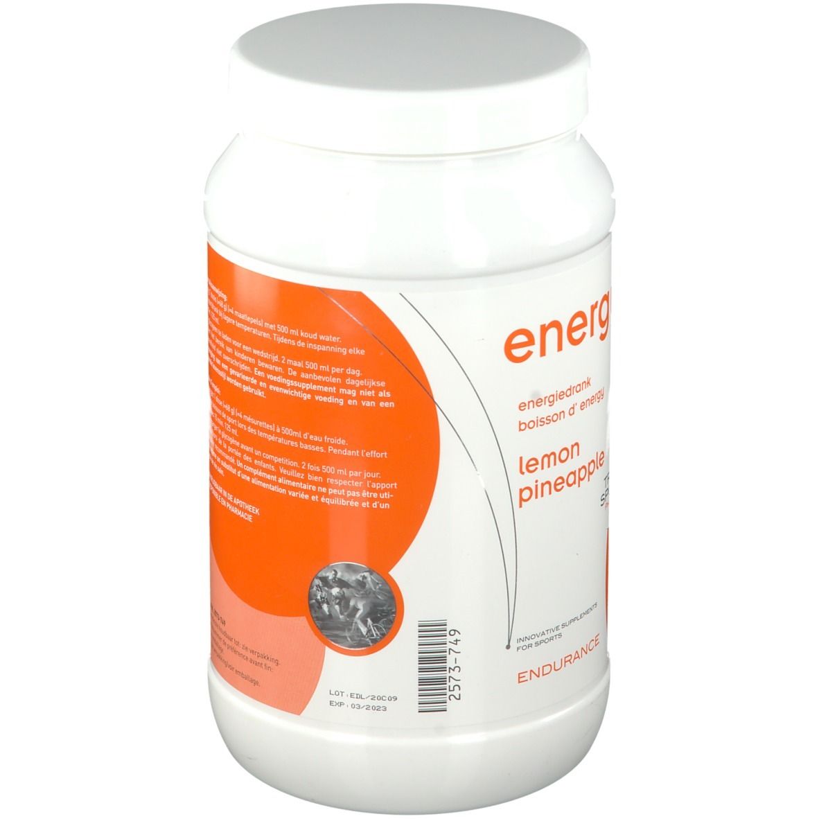 Récipient blanc avec couvercle. Inscription "energy drink", "lemon pineapple" et "ENDURANCE". Texte et logo Trisport Pharma.