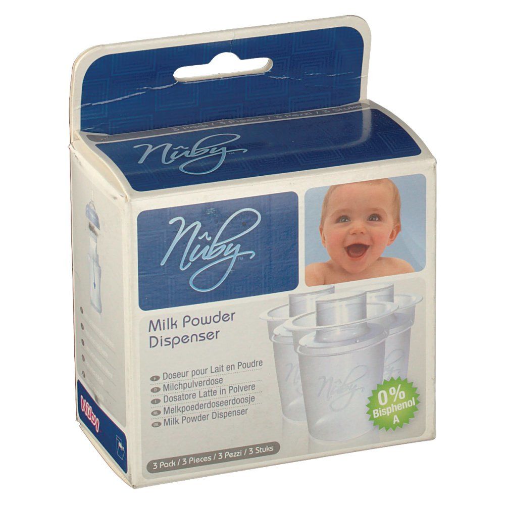 Verpackung mit drei Milchpulver-Dosierern. Aufdruck: Nuby, Baby, 0% Bisphenol A. Produktname in mehreren Sprachen.