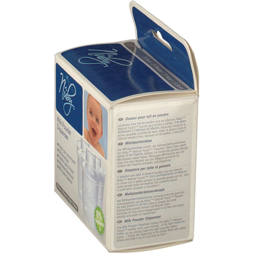 Verpackung von Milchpulver-Dosierern. Aufdruck: Nuby, Baby. Produktname und Gebrauchsanweisung in mehreren Sprachen.