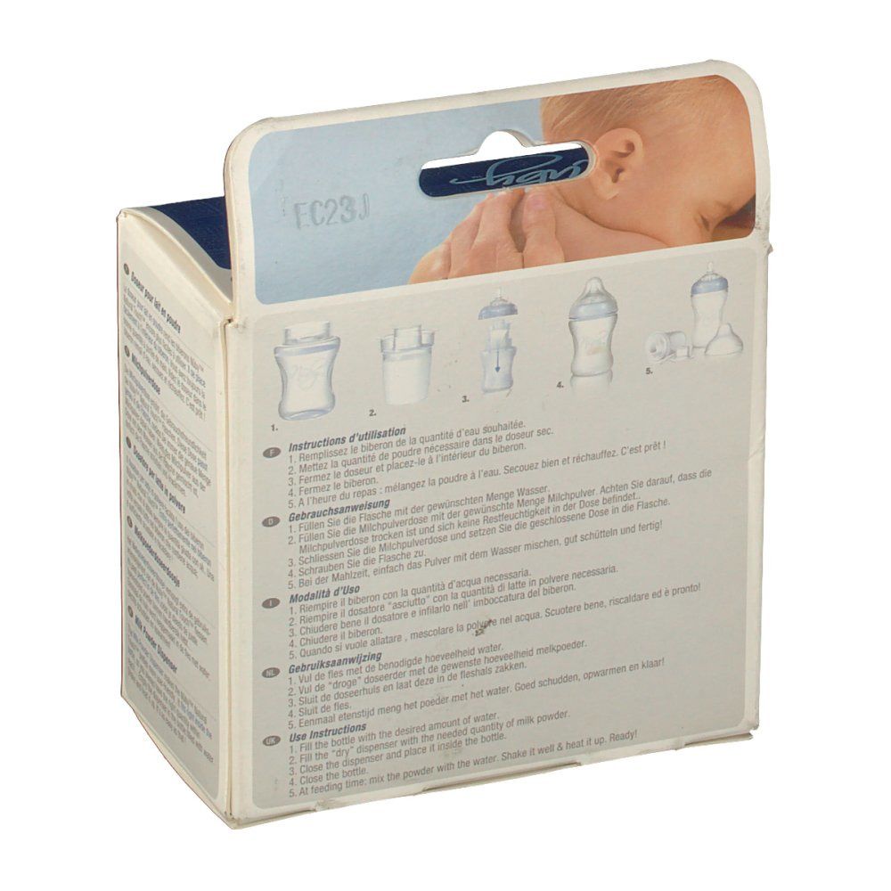 Rückseite der Verpackung mit Anweisungen für Milchpulver-Dosierer. Illustrationen von Produkten und Gebrauchsanweisungen.