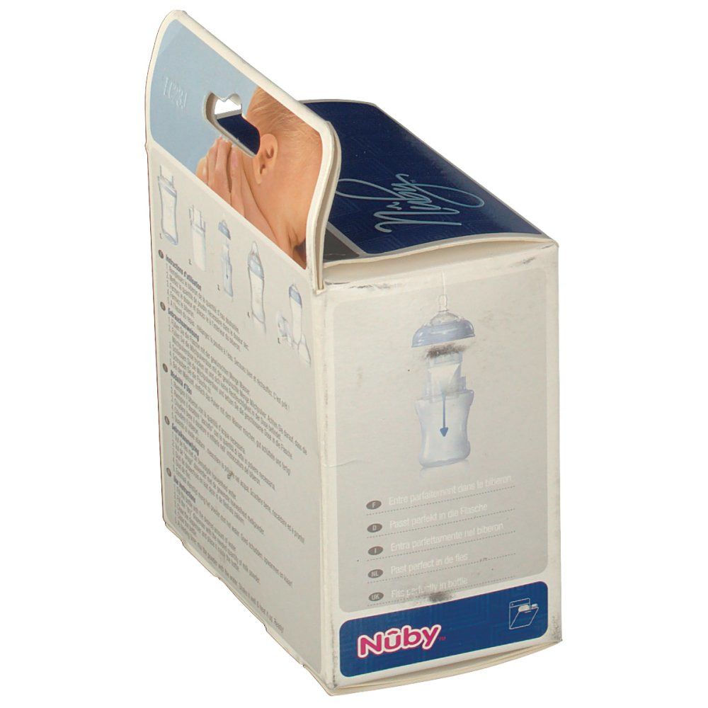 Verpackung von Milchpulver-Dosierern. Illustrationen des Produkts. Aufdruck: Nuby.