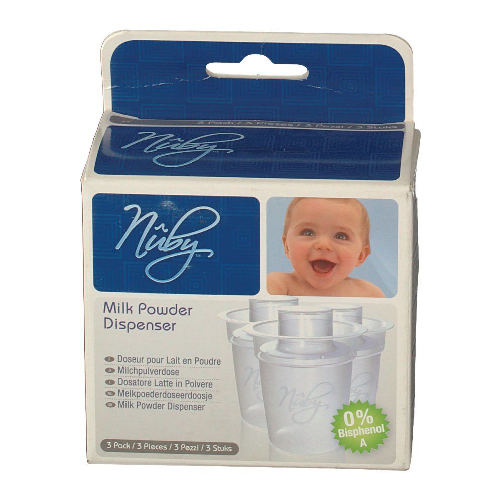 Verpackung mit drei Milchpulver-Dosierern. Aufdruck: Nuby, Baby, 0% Bisphenol A. Produktname in mehreren Sprachen.