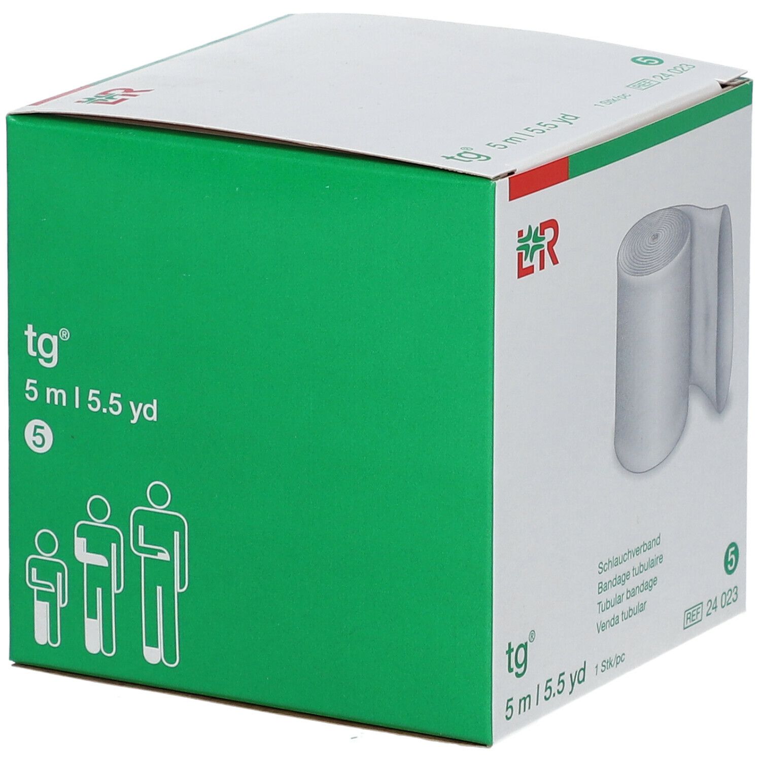 Groene verpakking met witte buisverband. Opschriften: tg, 5 m/5.5 yd, 5, 24 023. Pictogrammen voor maten.