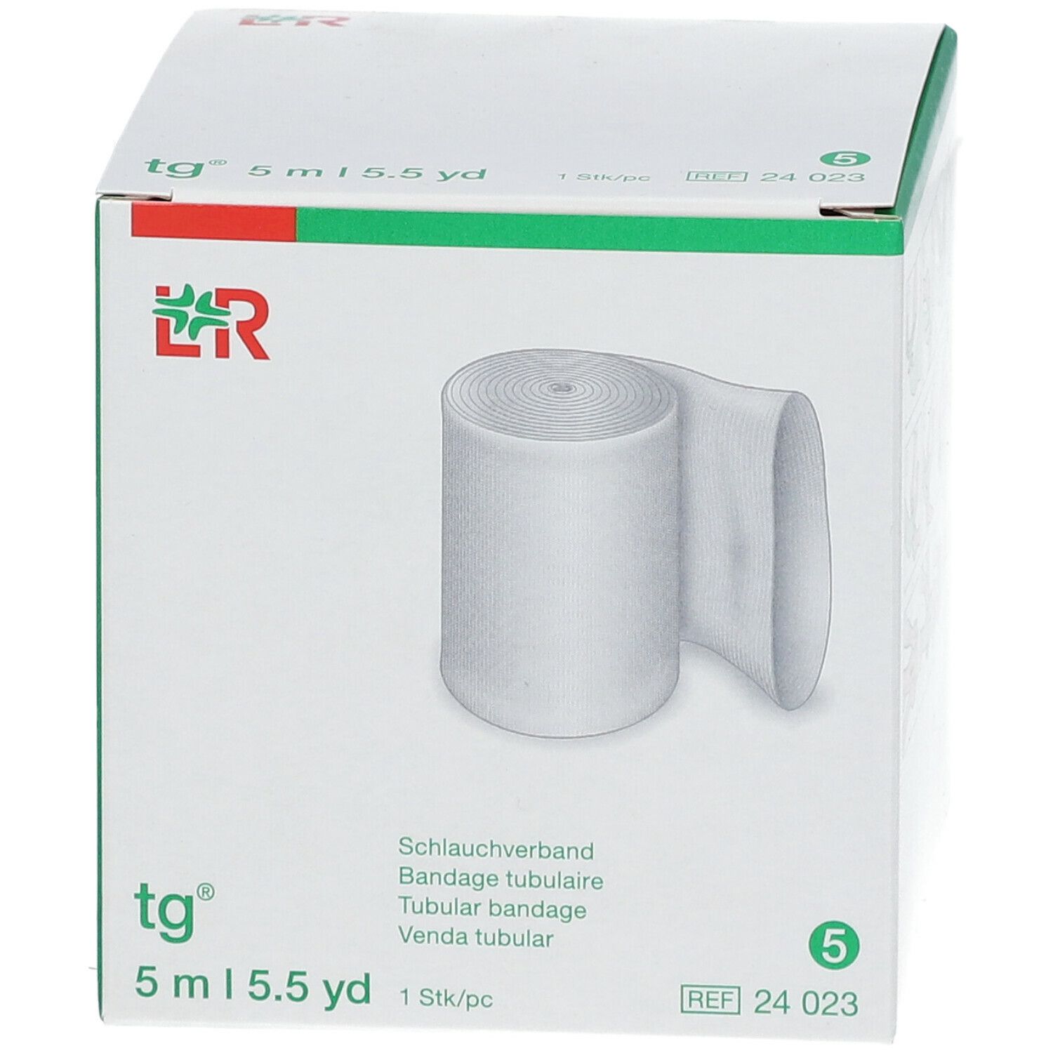 Verpakking met witte buisverband. Opschriften: tg, 5 m/5.5 yd, 5, 24 023. Het verband is gedeeltelijk zichtbaar.